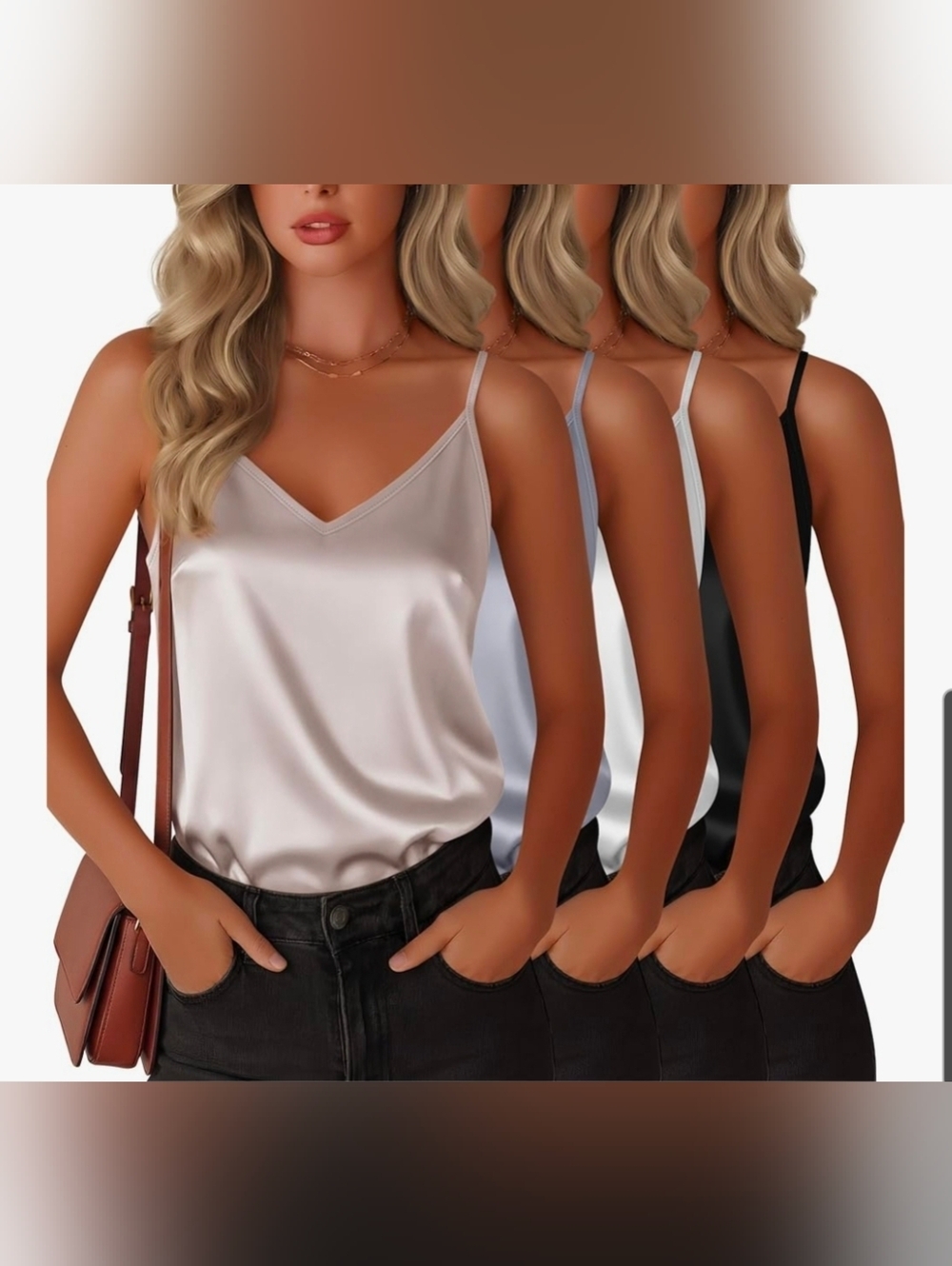 Set Of 4 NEW Satin V-Neck Camisole Adjustable Strap Medium Black White Grey...